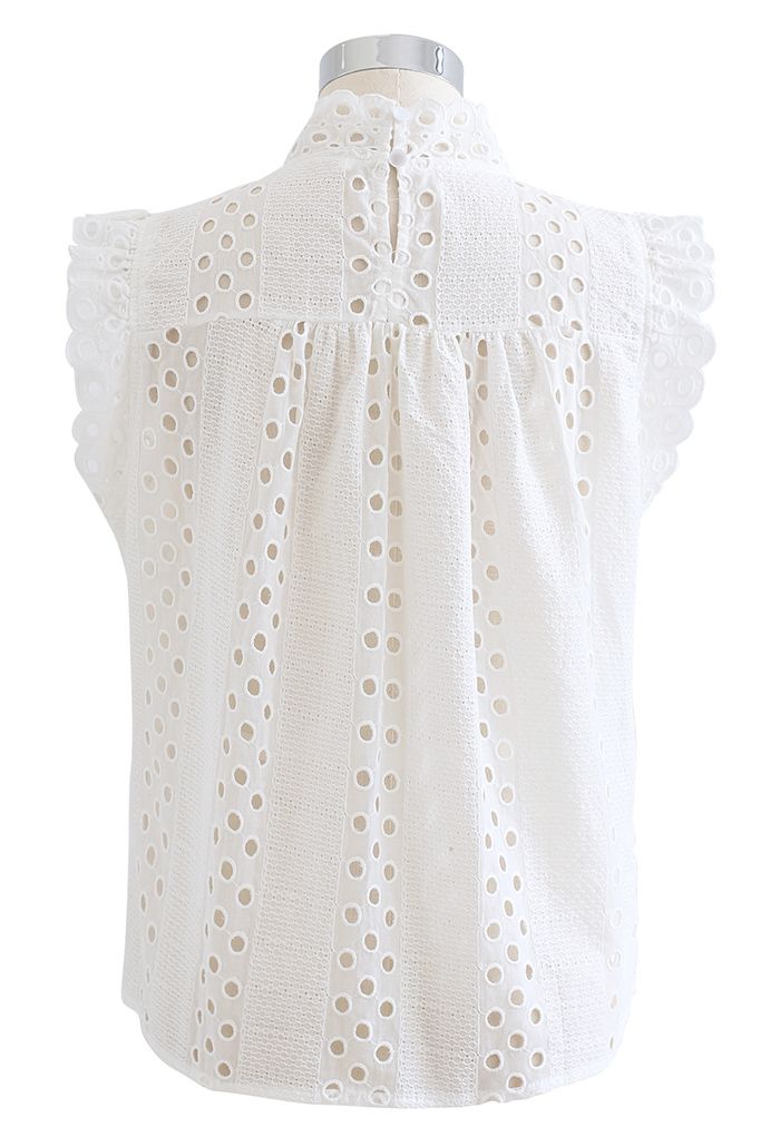 High Neck Eyelet Embroidered Sleeveless Top in White