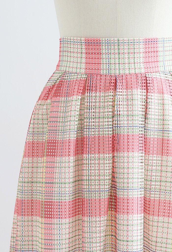 Pastel Plaid Pleated Midi Skirt in Pink