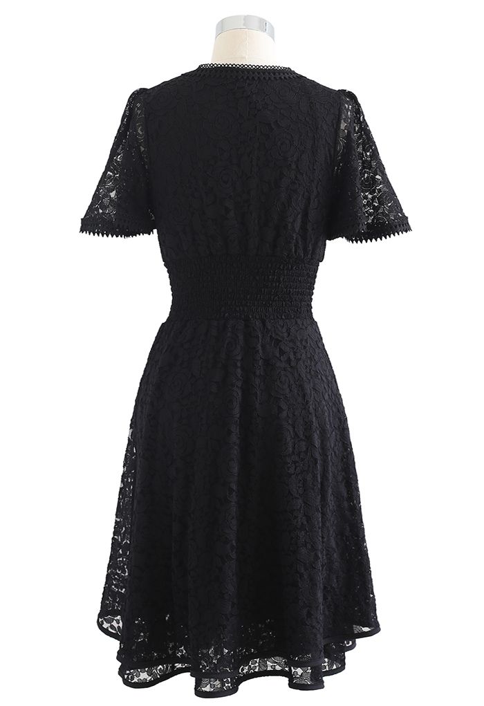 Rose V-Neck Shirred Waist Lace Dress in Black