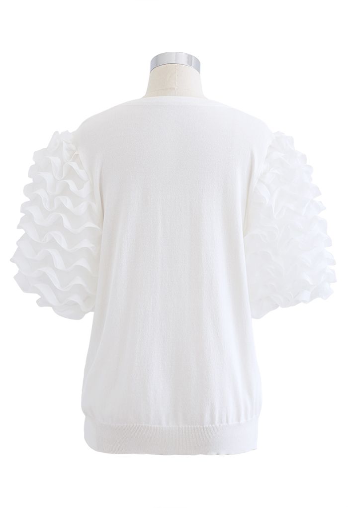 3D Tiered Bubble Sleeve Knit Top in White