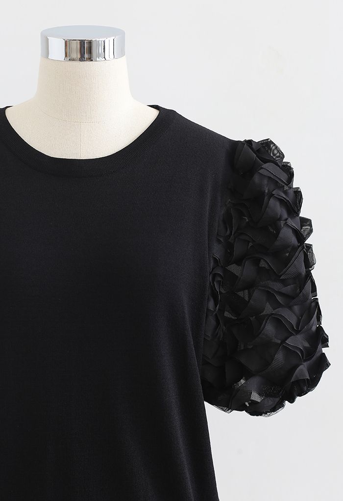 3D Tiered Bubble Sleeve Knit Top in Black