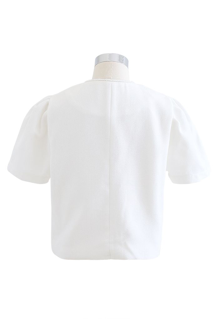 Fake Pocket Buttoned Textured Crop Blazer in White