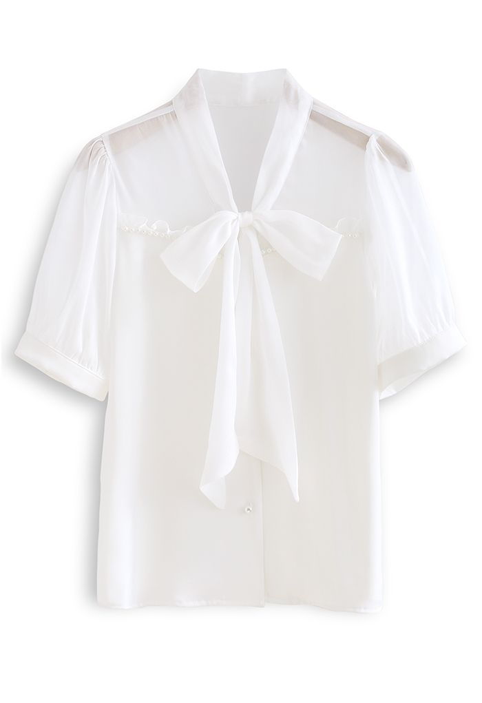 Sheer Spliced Tie Neck Buttoned Top in White