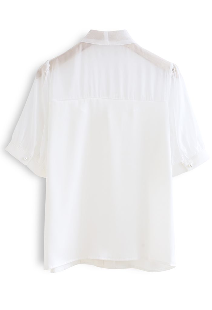 Sheer Spliced Tie Neck Buttoned Top in White
