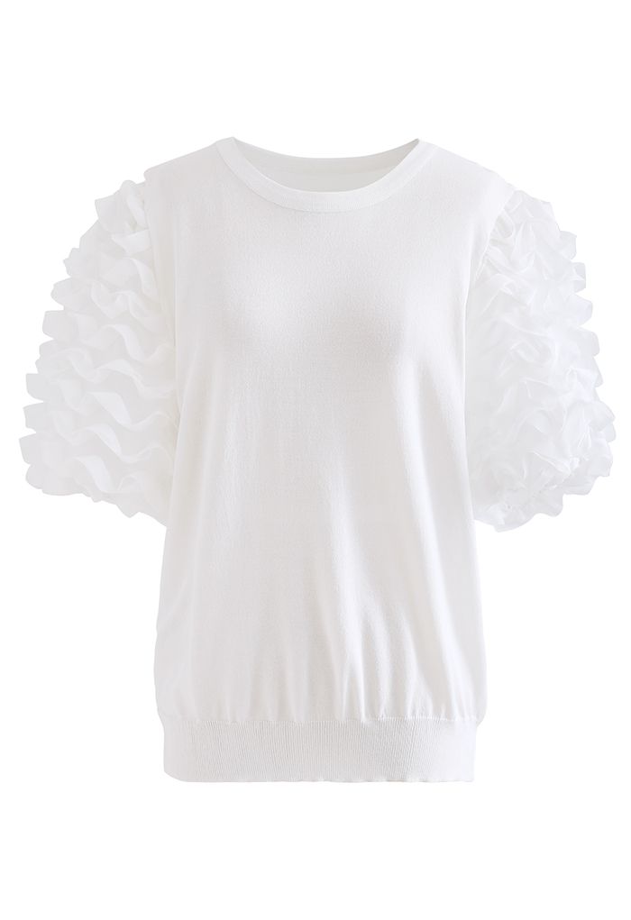 3D Tiered Bubble Sleeve Knit Top in White