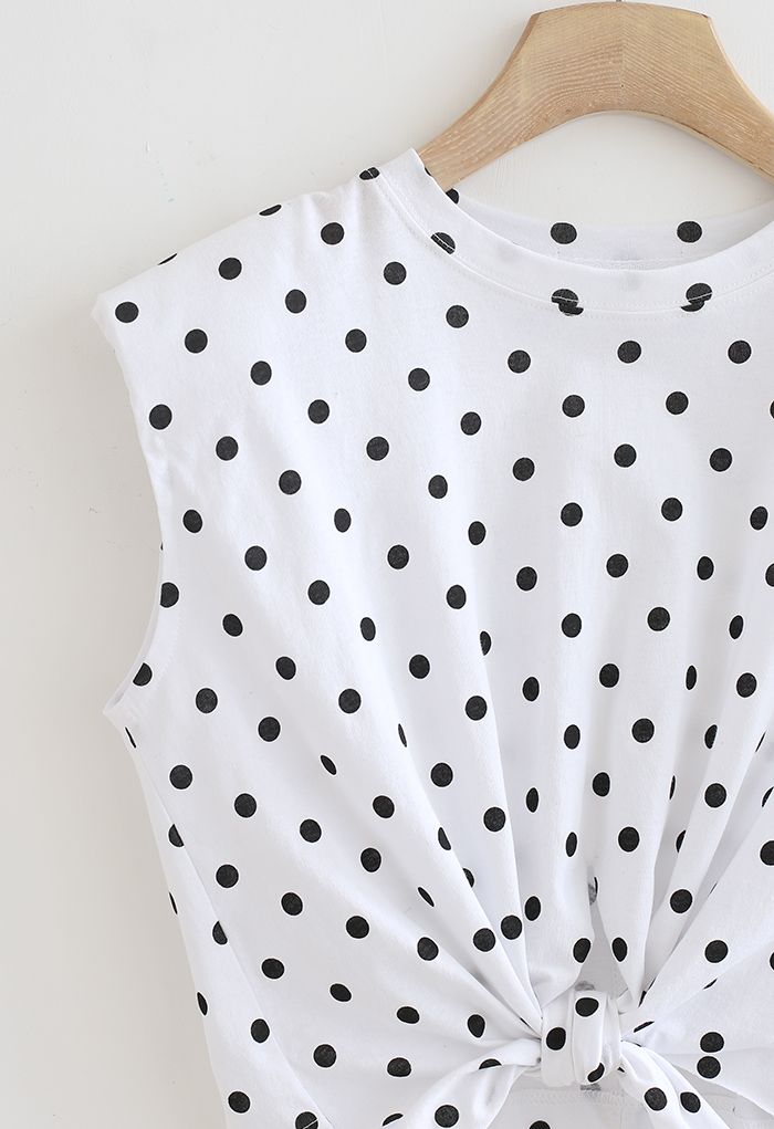 Knot Front Pad Shoulder Dotted Top in White