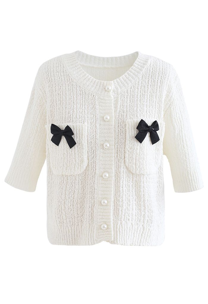 Bowknot Decorated Button Down Knit Cardigan in White
