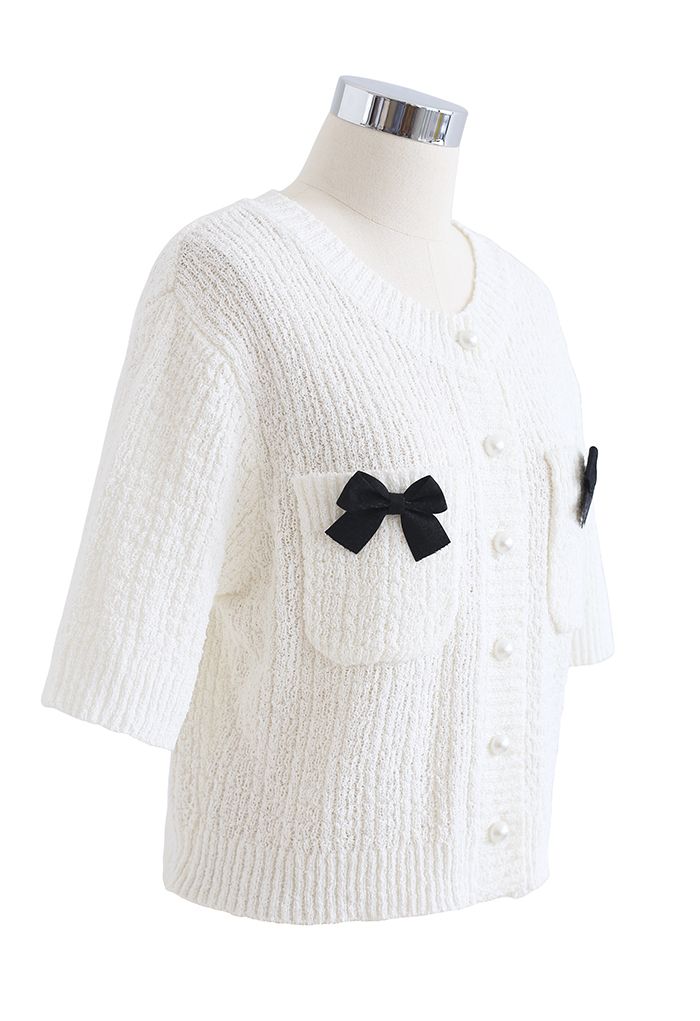 Bowknot Decorated Button Down Knit Cardigan in White
