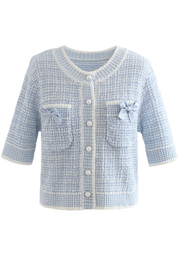 Bowknot Decorated Button Down Knit Cardigan in Blue