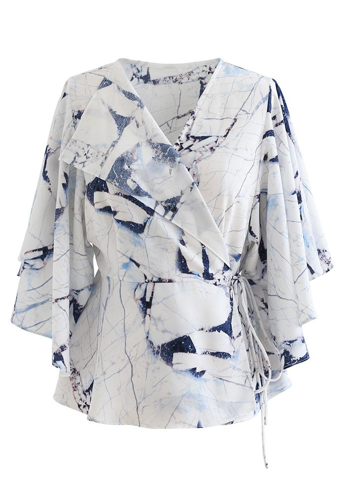 Butterfly Flare Sleeve Printed Wrap Top in Blue