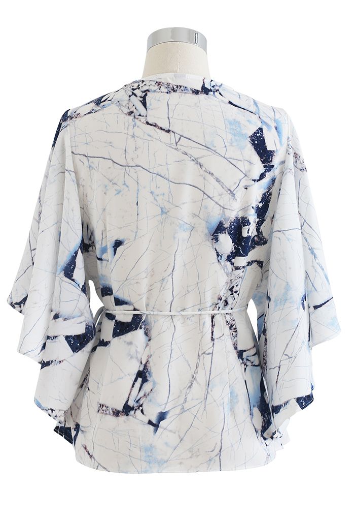 Butterfly Flare Sleeve Printed Wrap Top in Blue