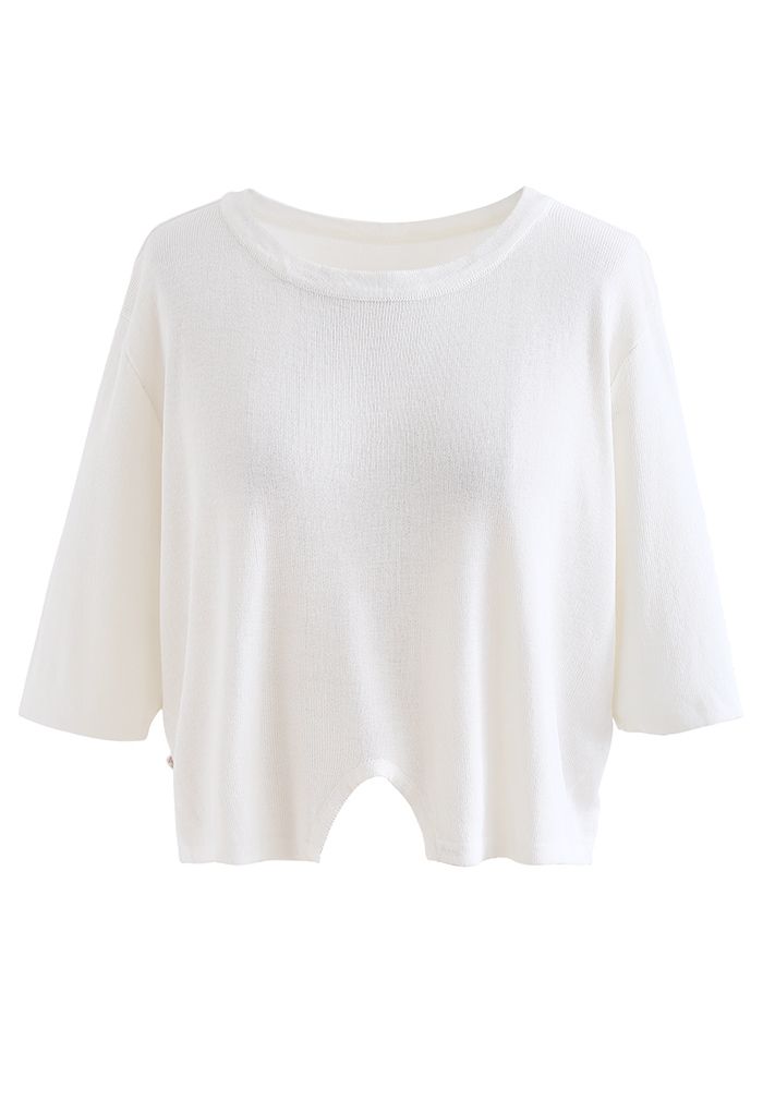 Round Neck Rib Knit Cropped Top in White