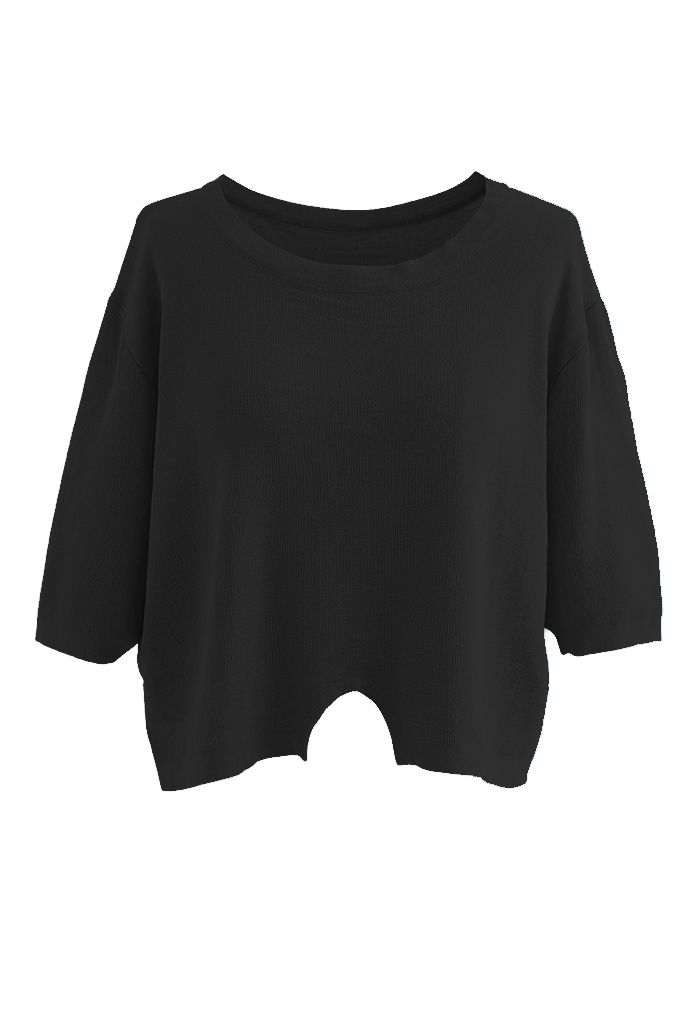 Round Neck Rib Knit Cropped Top in Black