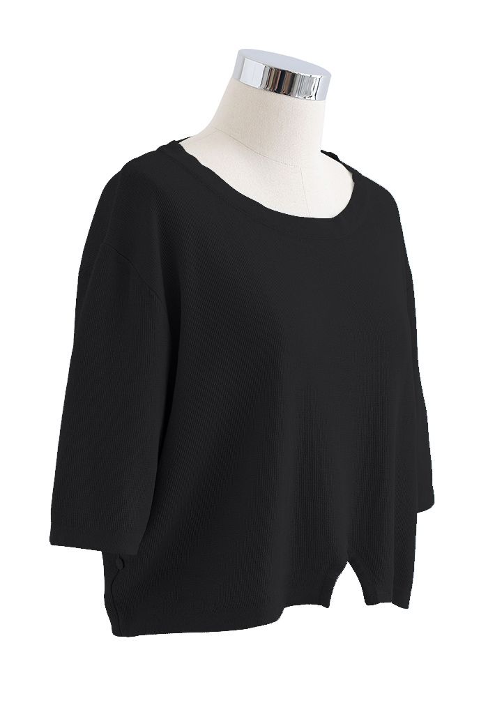 Round Neck Rib Knit Cropped Top in Black