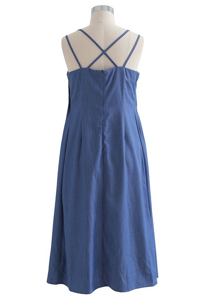 Cross Back Pintuck Front Cami Dress in Blue