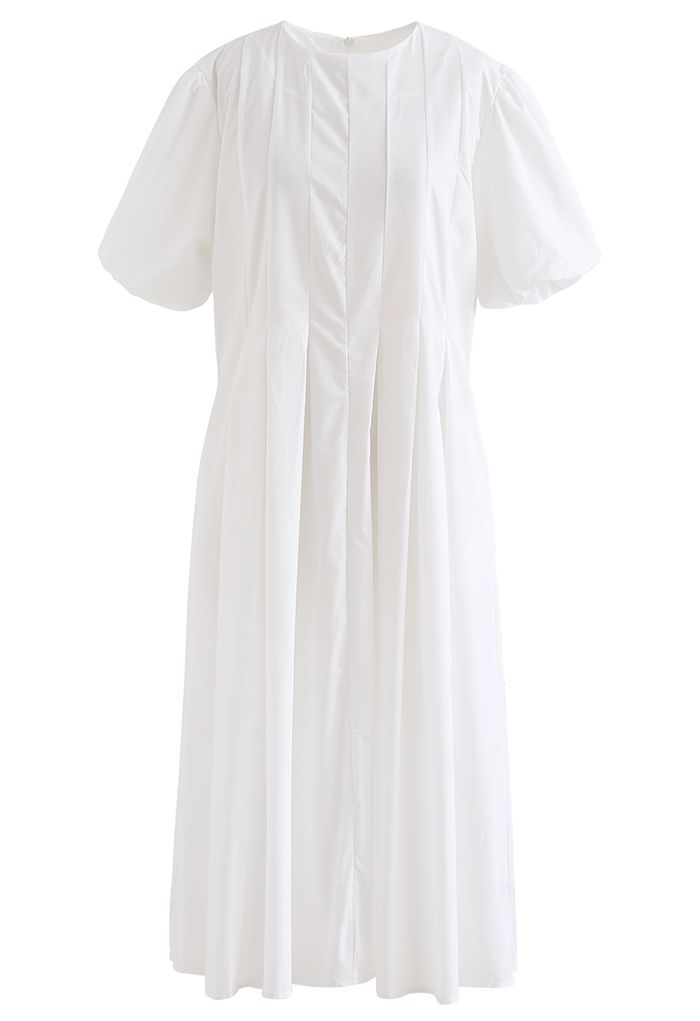 Puff Short Sleeve Pleated Midi Dress in White