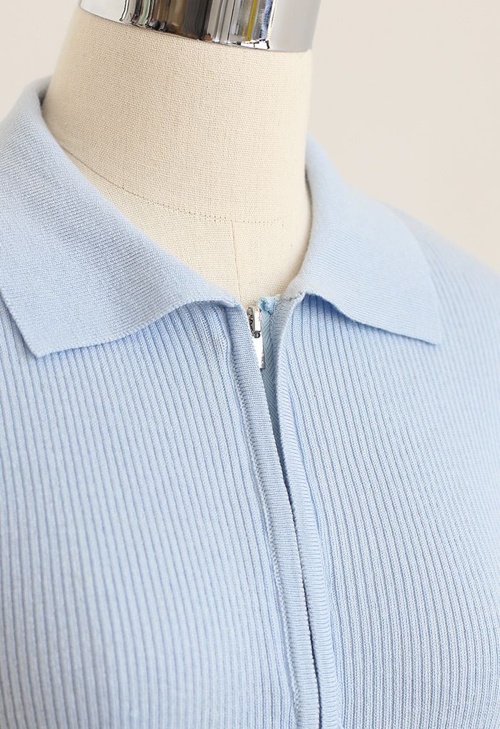 Double Zippers Short Sleeve Rib Knit Cardigan in Dusty Blue