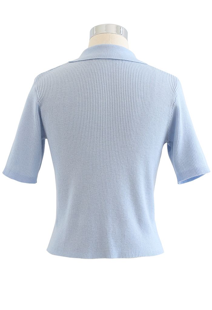 Double Zippers Short Sleeve Rib Knit Cardigan in Dusty Blue