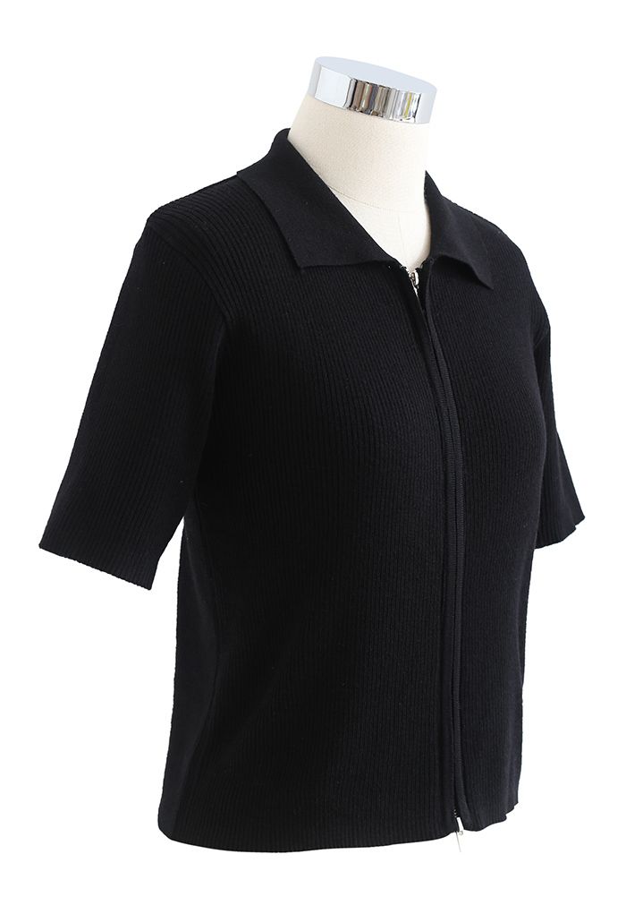 Double Zippers Short Sleeve Rib Knit Cardigan in Black