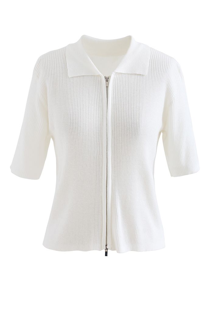 Double Zippers Short Sleeve Rib Knit Cardigan in White