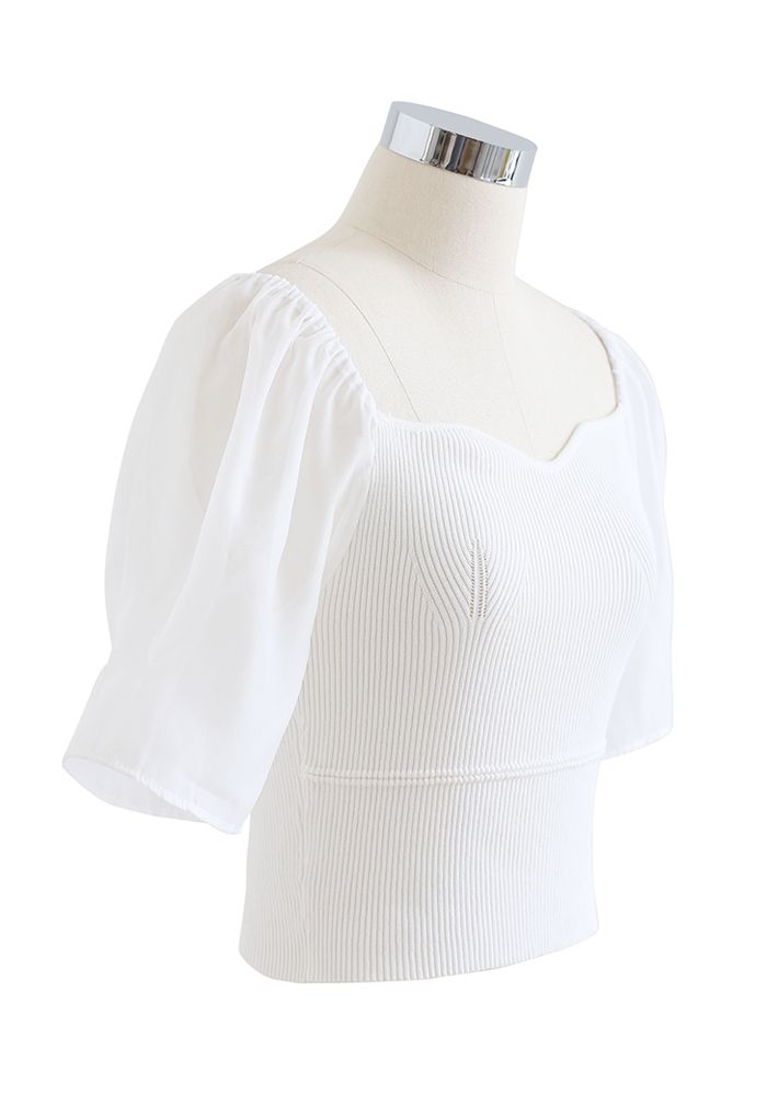 Sweetheart Neck Spliced Sleeve Crop Knit Top in White