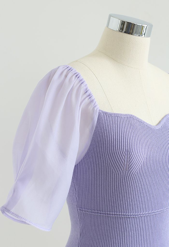 愛心領口拼接短袖短款針織上衣--紫色