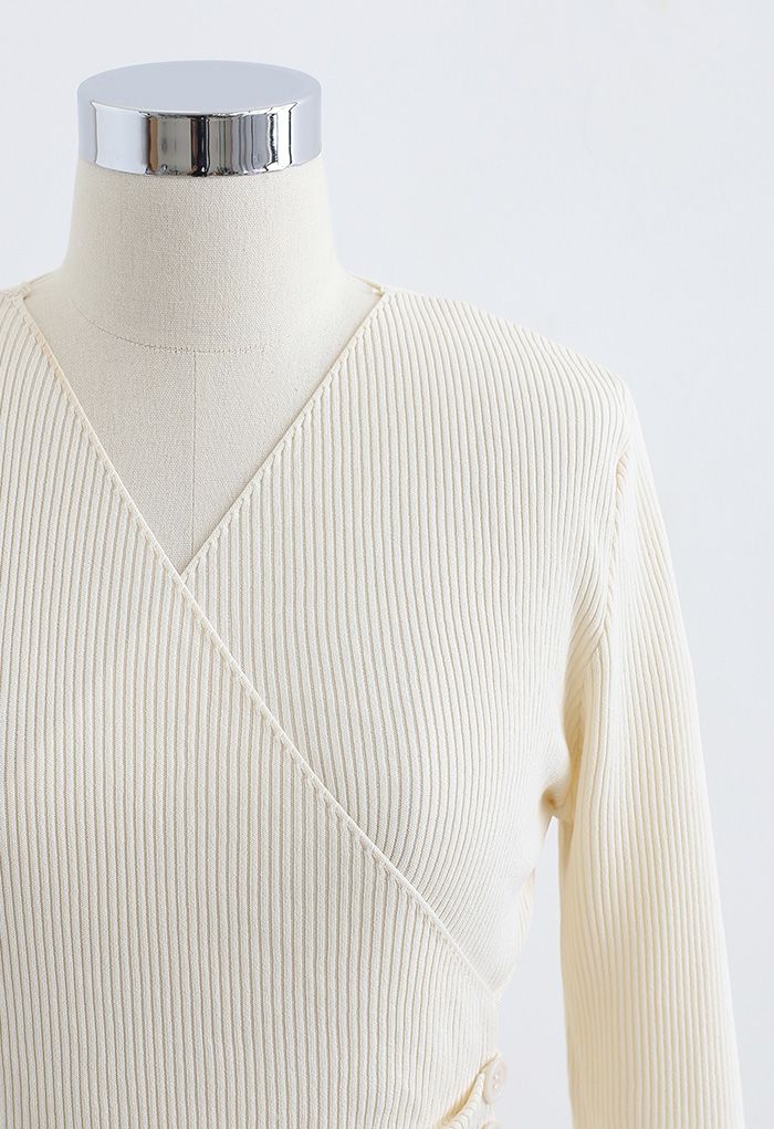 Side Button Wrapped Knit Top in Cream