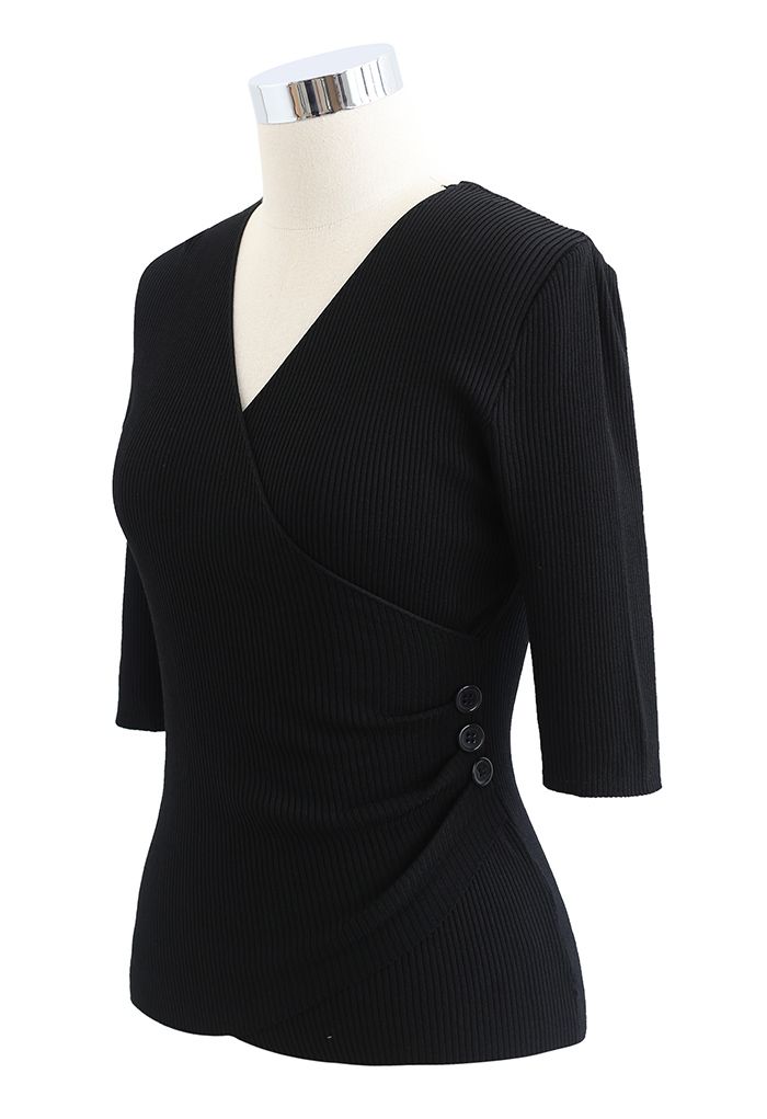 Side Button Wrapped Knit Top in Black