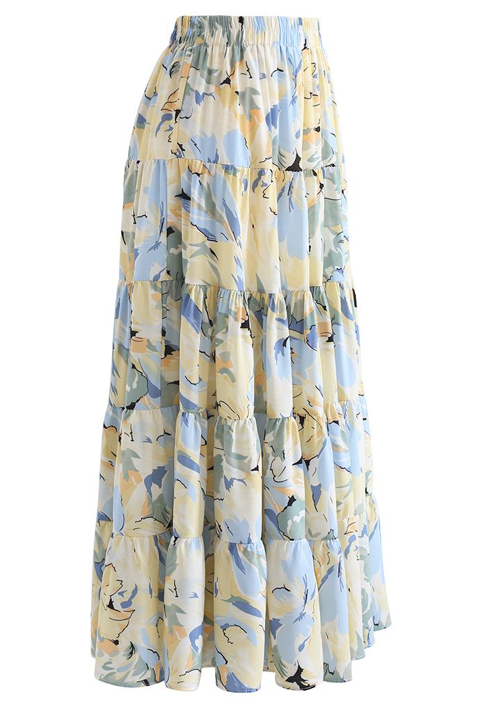 Wondrous Floral Frilling Chiffon Maxi Skirt in Blue