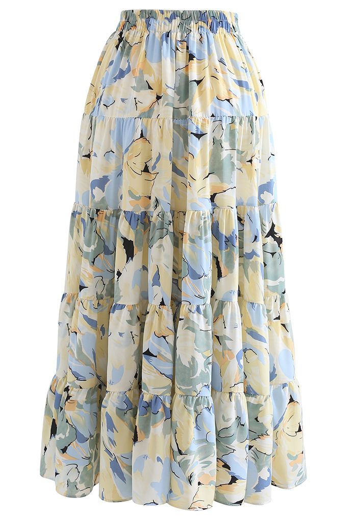 Wondrous Floral Frilling Chiffon Maxi Skirt in Blue