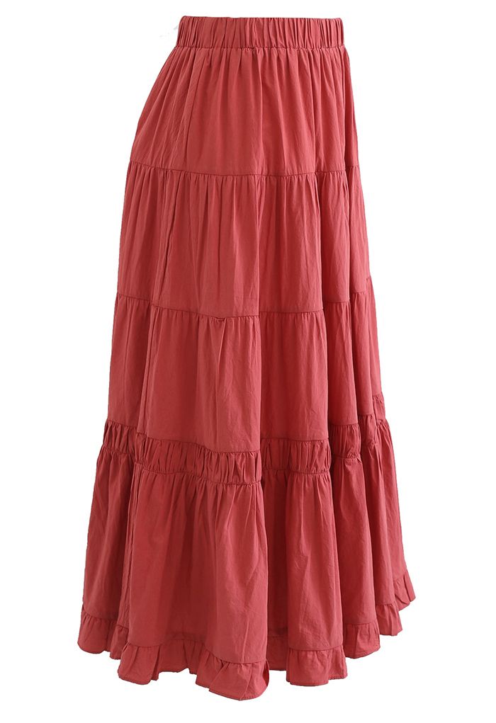 Solid Color Frilling Cotton Midi Skirt in Red