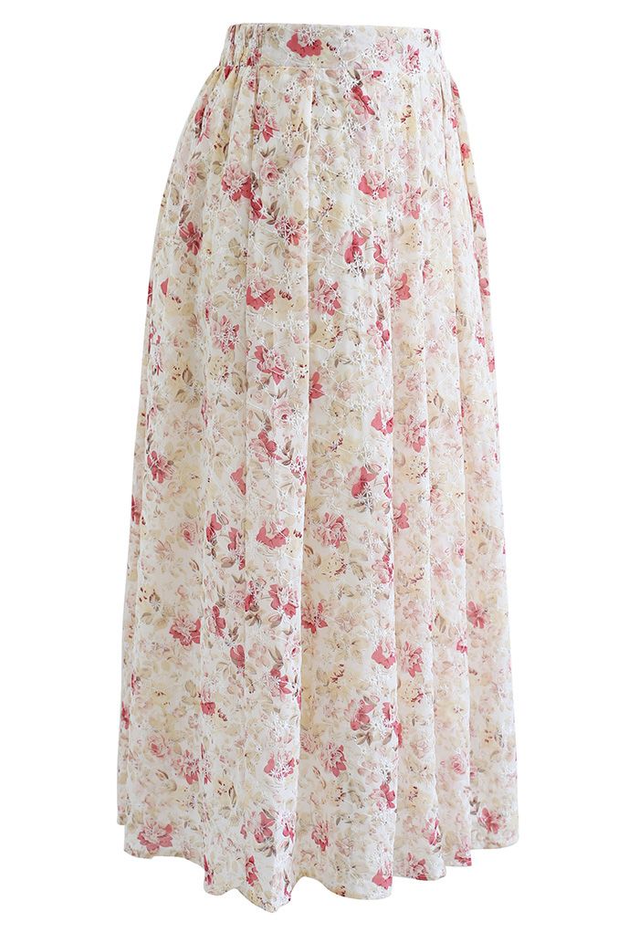 Pinky Floral Print Embroidered Eyelet Pleated Skirt
