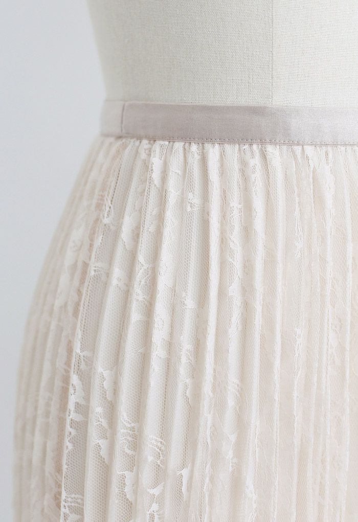 Full Lace Pleated Midi Skirt in Cream