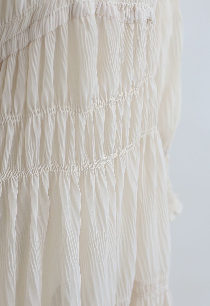 Full Shirring Side Drawstring Chiffon Dress in Cream