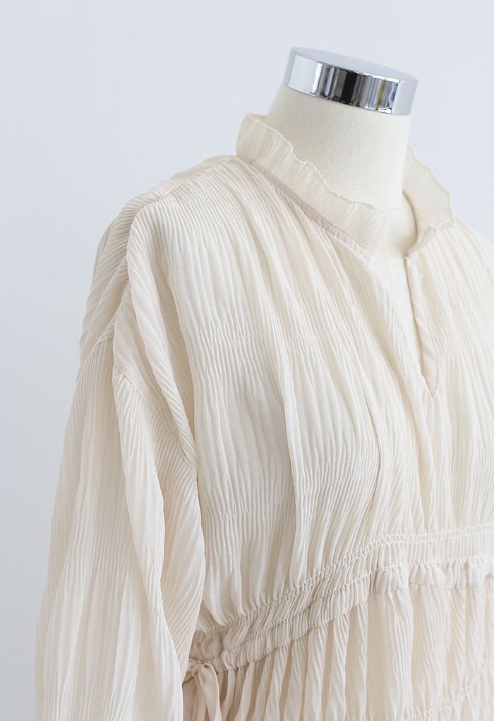 Full Shirring Side Drawstring Chiffon Dress in Cream