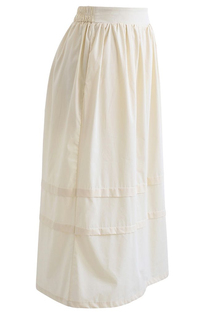 Pintuck Detail Decorated Midi Skirt in Cream