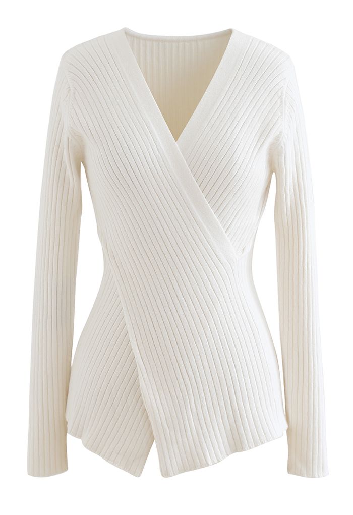 Crisscross Fitted Rib Knit Top in White