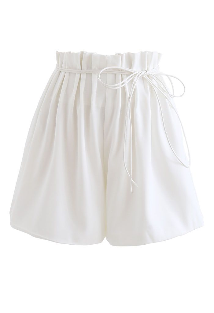 Ruched Waist Self-Tie String Shorts in White