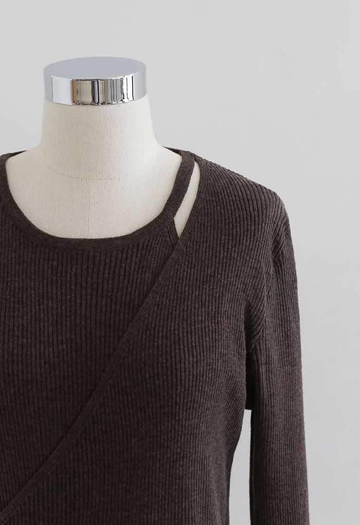 Button Wrapped Knit Top in Brown