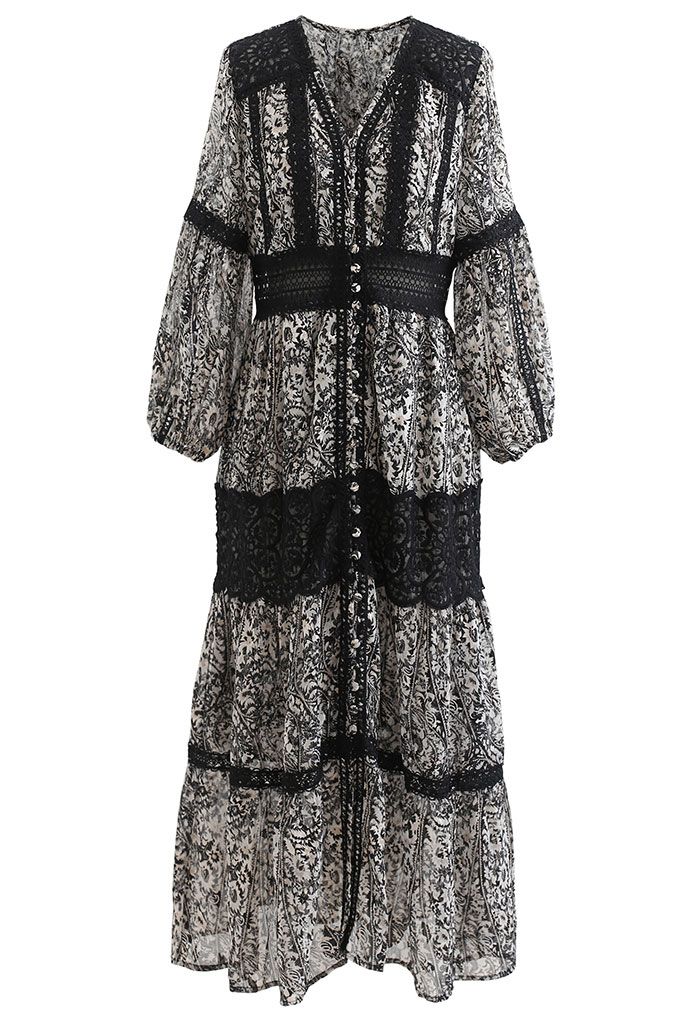 Black Floral Jacquard Crochet Trim Sheer Maxi Dress