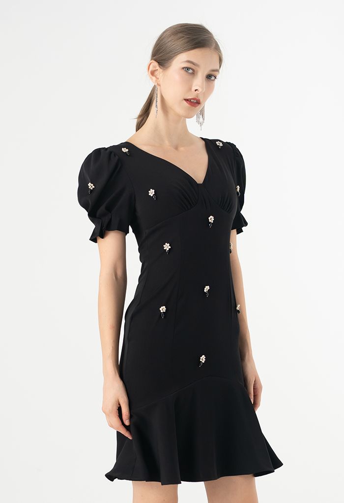 Crystal Embellished Frilling Dress in Black