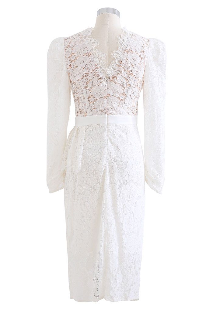 Full Lace Puff Sleeve Slit Bodycon White Dress