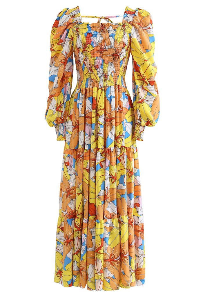 Lily Print Bubble Sleeve Maxi Dress in Yellow