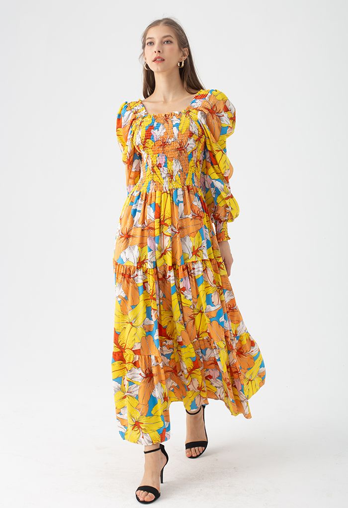 Lily Print Bubble Sleeve Maxi Dress in Yellow