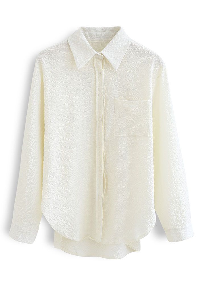 Embossed Button Down Hi-Lo Shirt in Light Yellow