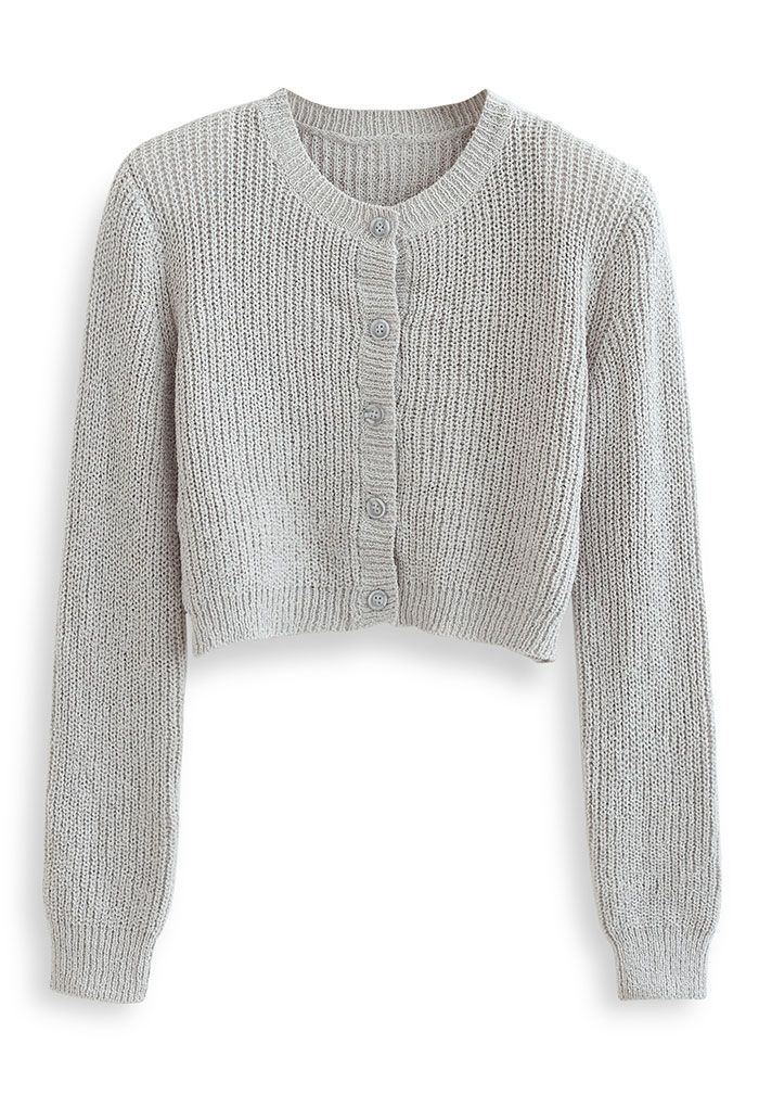Padded Shoulder Button Down Crop Knit Cardigan in Grey