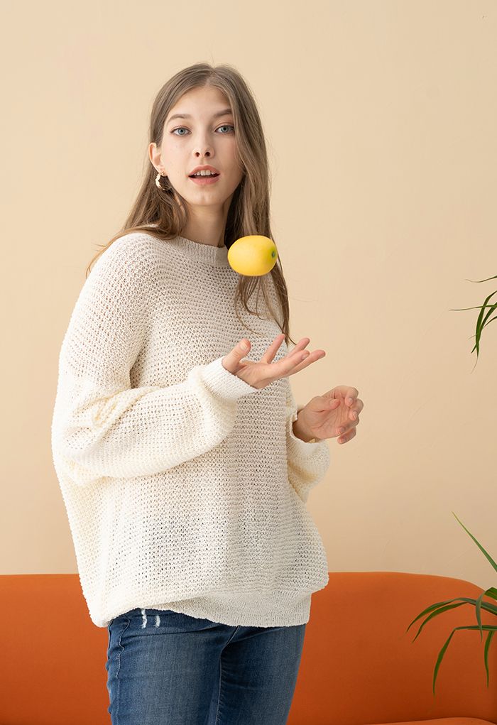 Oversize Hollow Out Knit Sweater in Cream