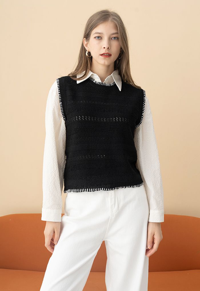Contrast Edge Hollow Out Knit Vest in Black