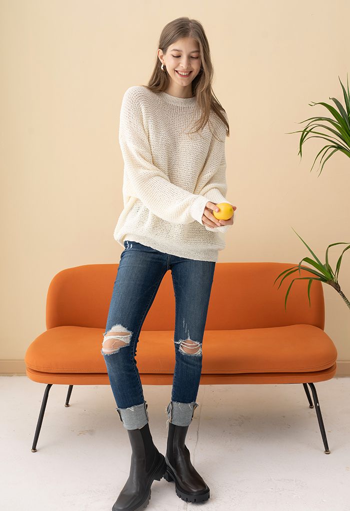Oversize Hollow Out Knit Sweater in Cream