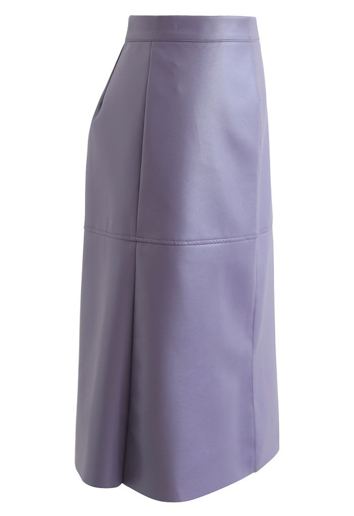 Raw-Cut Hem Faux Leather Pencil Skirt in Purple